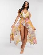 River Island Fruit Print Embellished Caftan In Orange