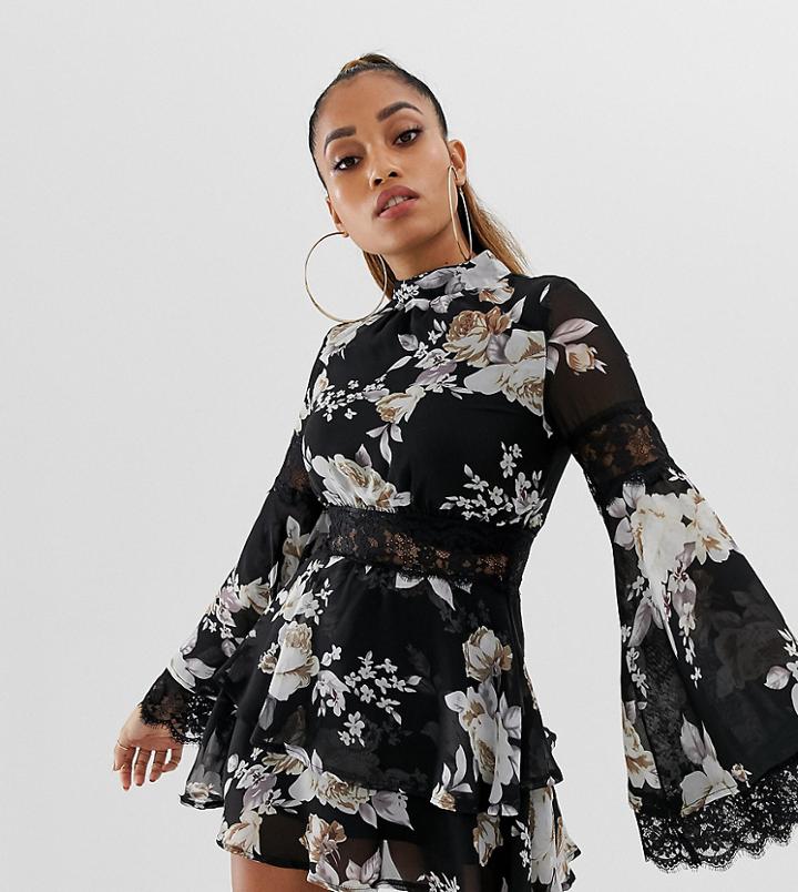 Missguided Petite High Neck Lace Insert Chiffon Mini Dress In Black Floral - Multi