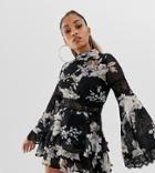 Missguided Petite High Neck Lace Insert Chiffon Mini Dress In Black Floral - Multi