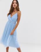 Asos Design Belted Pleated Tulle Cami Midi Dress - Blue