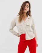 Noisy May Pocket Detail Shirt With Contrast Stitch - Cream