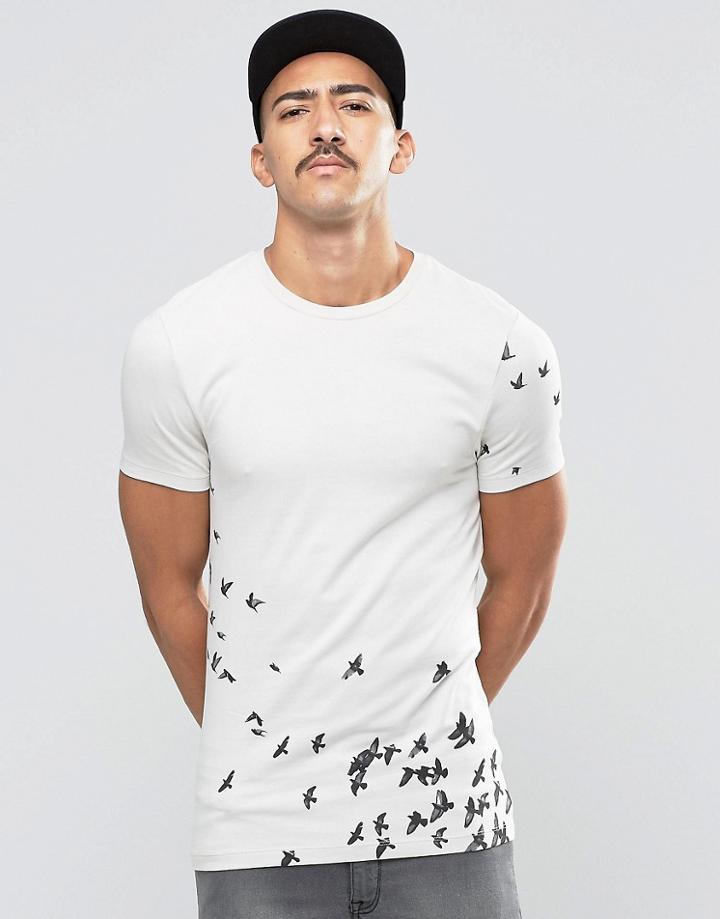 Asos Muscle T-shirt With All Over Bird Print In Beige - Silver Mink