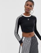 Adidas Originals Three Stripe Cropped Long Sleeve Top In Black - Black