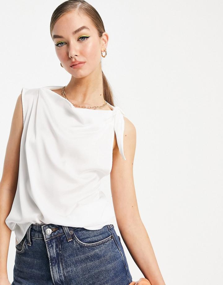 Asos Design Sleeveless Top With Drape Front And Tie Neck Detail In Ivory-white