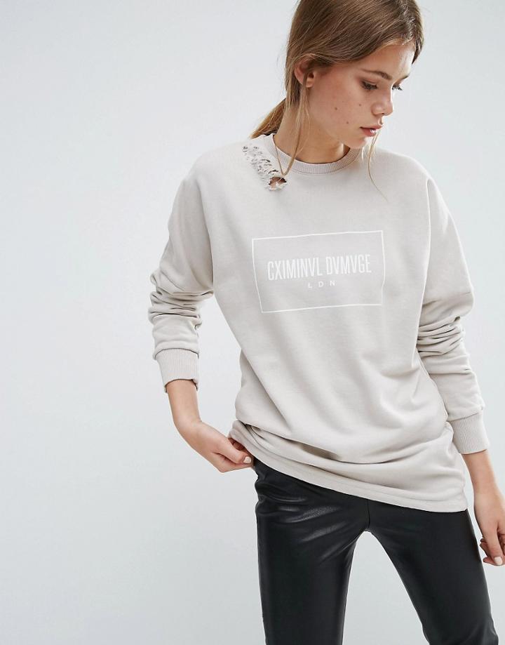 Criminal Damage Ripped Shoulder Sweatshirt - Cream