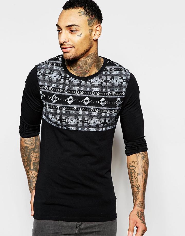 Asos Extreme Muscle Long Sleeve T-shirt With Geo-tribal Yoke Print - Black