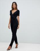 Asos Design Wrap Jumpsuit With Tie Side - Black