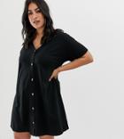 Asos Design Curve Mini Slub Button Through Swing Dress - Black
