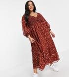Asos Design Curve Textured Shirred Wrap Maxi Dress In Brown Spot-multi