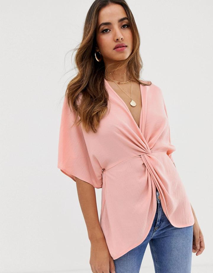 Asos Design Knot Front Top With Kimono Sleeve - Pink