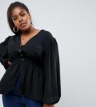 Asos Design Curve Plunge Top With Kimono Sleeve And Button Detail - Black
