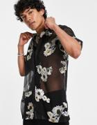 Asos Design Relaxed Revere Shirt In Velvet Burnout Floral Print-black