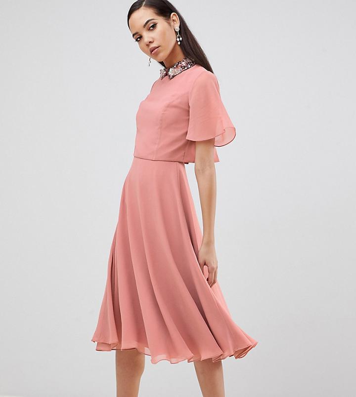 Asos Design Tall Midi Dress With Crop Top And 3d Embellished Collar - Pink