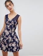 Qed London Floral Skater Dress With Mesh Detail-navy