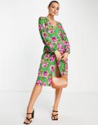Asos Design Blouson Sleeve Wrap Midi Dress In Green And Purple Floral-multi