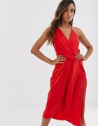 Asos Design Minimal Drape Midi Dress In Satin - Red