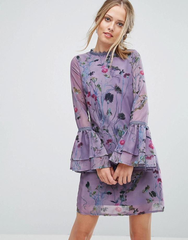 Little Mistress Shift Dress In Floral Print With Lace Trim - Multi