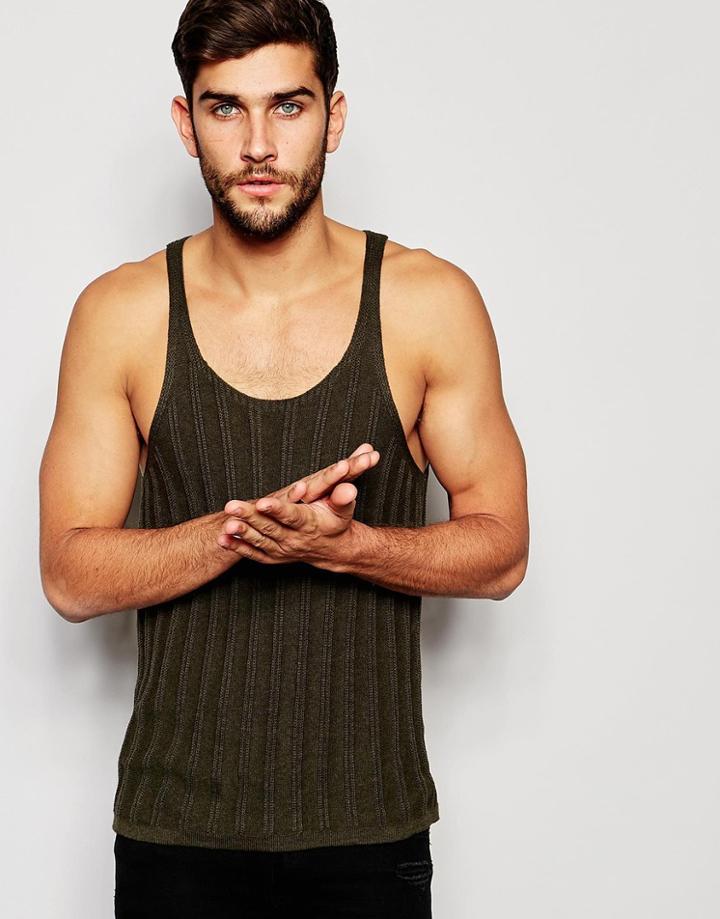 Asos Knitted Vest In Khaki - Khaki