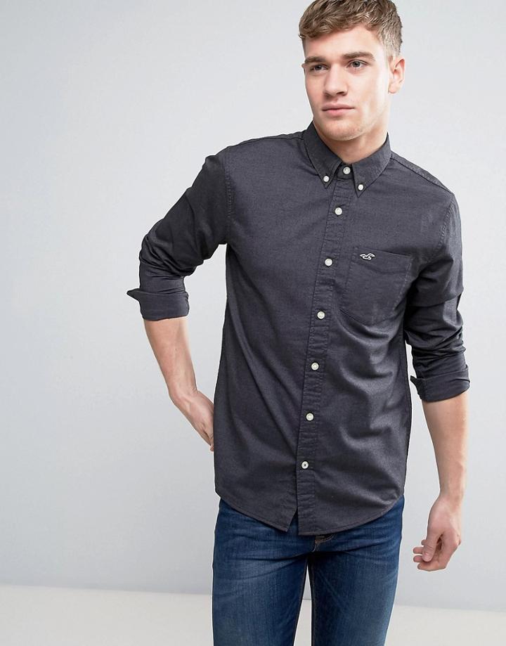 Hollister Logo Oxford Shirt Stretch Slim Fit In Black - Black