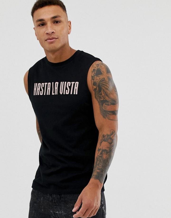 Asos Design Sleeveless T-shirt With Hasta La Vista Print - Black