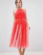 Asos Design Halter Tulle Godet Midi Dress - Pink