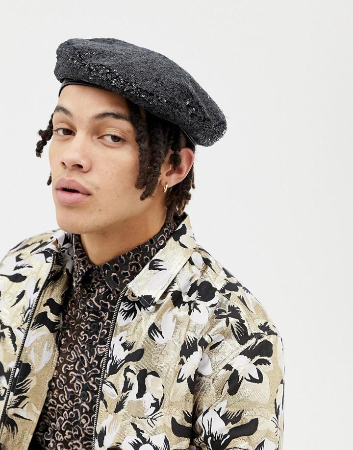 Asos Design Beret In Black Sequin - Black