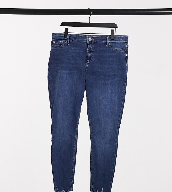 River Island Plus Raw Hem Skinny Jeans In Mid Authentic Wash-blue