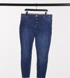 River Island Plus Raw Hem Skinny Jeans In Mid Authentic Wash-blue