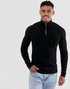 Asos Design Cotton Half Zip Sweater In Black - Black