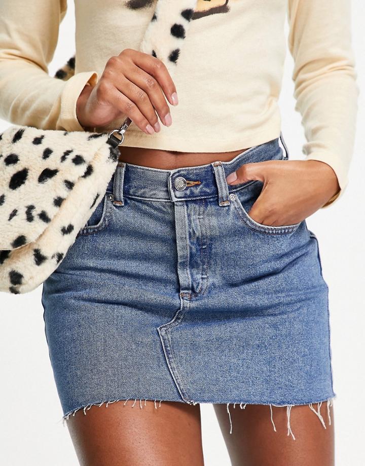 Asos Design Mid Rise 'original' Denim Mini Skirt In Midwash-blue