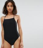 Asos Design Petite Square Neck Strap Back Swimsuit - Black