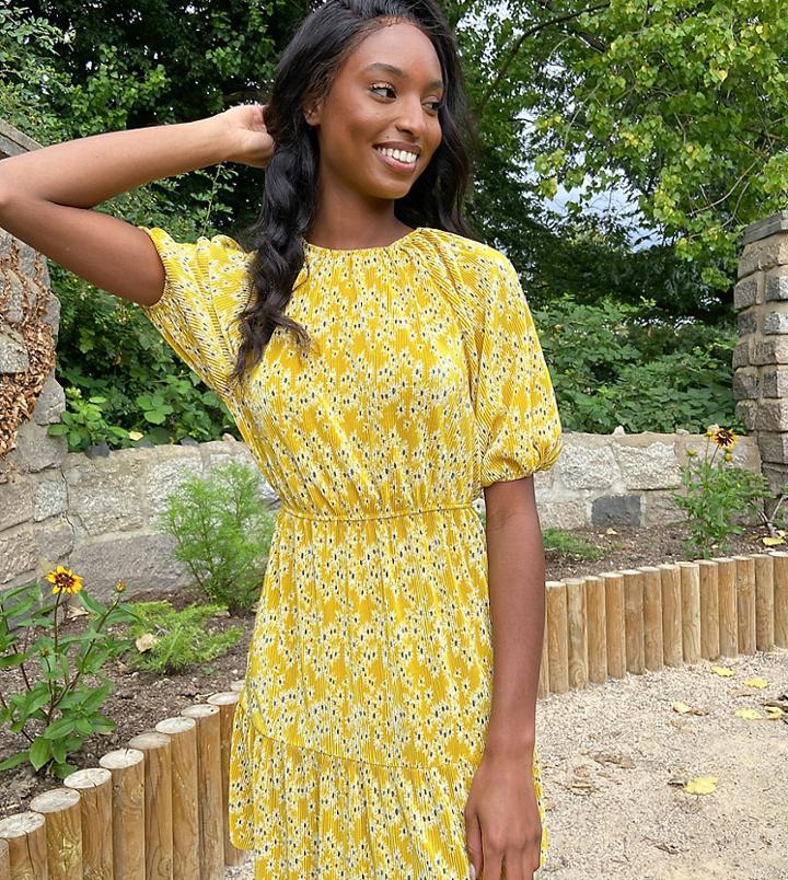 Asos Design Tall Plisse Mini Dress In Yellow Daisy Print-blues