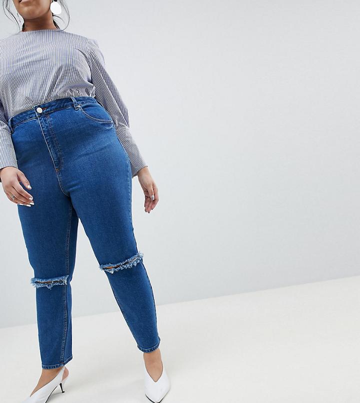 Asos Curve Farleigh High Waist Slim Mom Jeans In Bonnie Wash With Super Wide Busted Knee - Blue