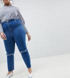Asos Curve Farleigh High Waist Slim Mom Jeans In Bonnie Wash With Super Wide Busted Knee - Blue
