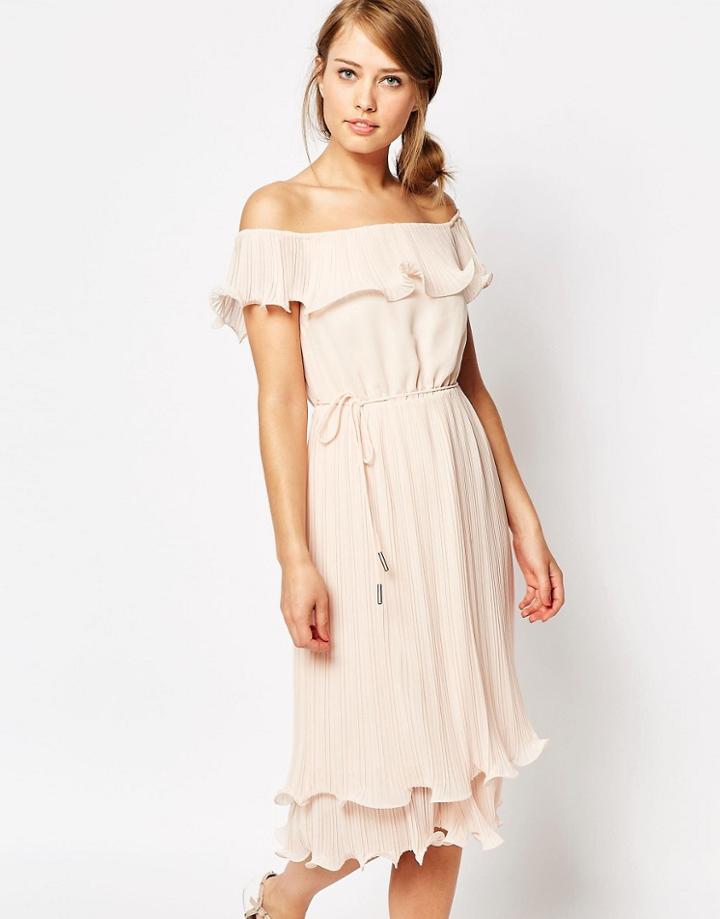 Oasis Pleated Ruffle Bardot Midi Dress - Nude