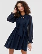 Brave Soul Ruffle Skater Dress With Pussybow Neck Tie In Navy - Navy
