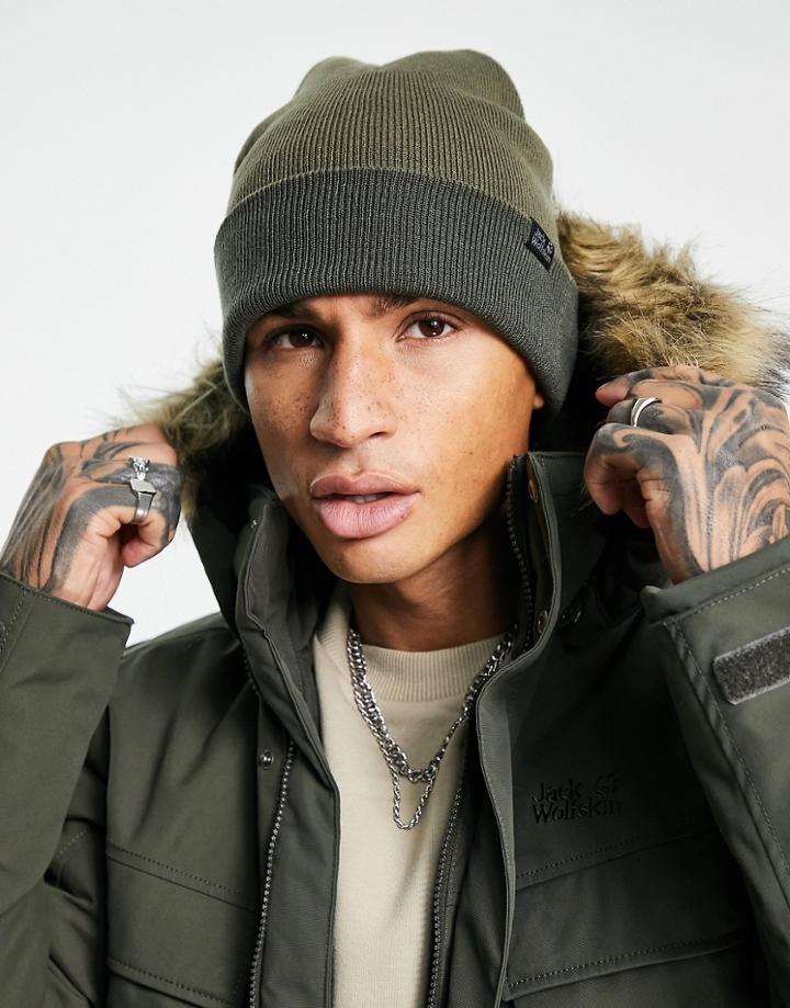 Jack Wolfskin Ribbed Beanie In Khaki-green