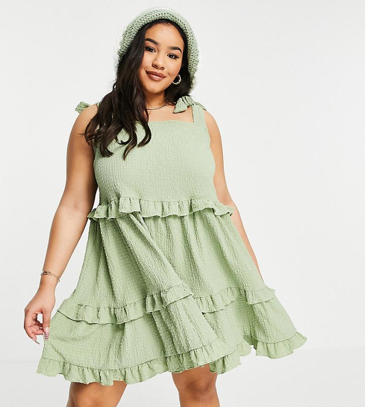 Asos Design Curve Textured Ruffle Swing Mini Sundress With Tie Straps In Khaki-green