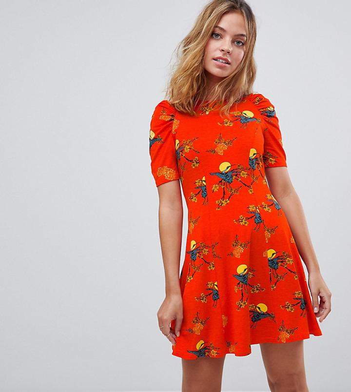 Asos Petite Mini Tea Dress With Ruched Shoulders In Bird Print - Multi