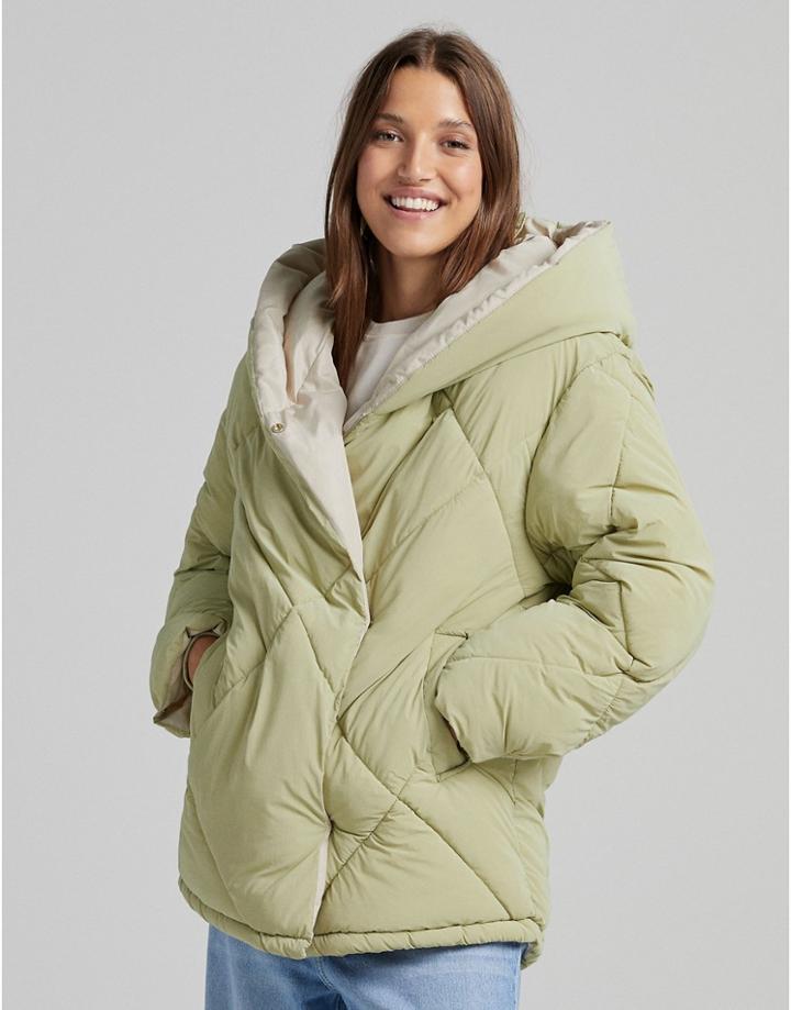 Bershka Padded Quilted Jacket In Khaki-green