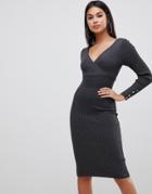 Lipsy Plunge Neck Knitted Midi Dress In Charcoal - Gray