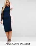 Asos Curve Color Block Midi Dress With Mesh Sleeve - Multi