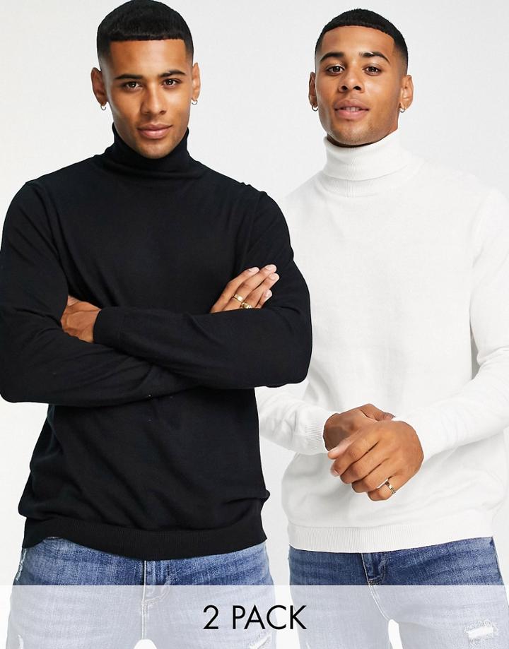Asos Design 2 Pack Cotton Turtleneck Sweater In Black & White Save-multi