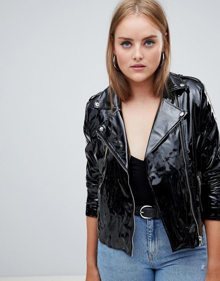 Boohoo Vinyl Biker Jacket - Black