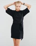 Asos Shift Dress With Tie Front In Heavy Rib - Black