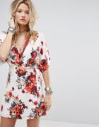 Honey Punch Wrap Front Dress With Kimono Sleeves In Rose Floral - White