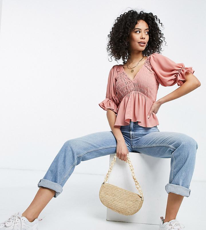 Asos Design Tall V Neck Top With Shirred Waist And Puff Ruffle Sleeve In Dusty Pink-blues