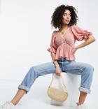 Asos Design Tall V Neck Top With Shirred Waist And Puff Ruffle Sleeve In Dusty Pink-blues
