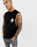 Asos Design Sleeveless T-shirt With Floral Back And Chest Print - Black