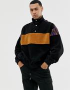 Asos Design Oversized Sweatshirt In Fleece With Track Neck And Geo-tribal Print Panels-black